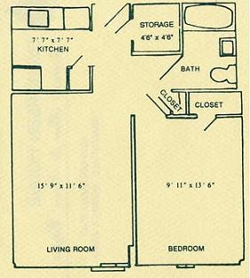 One bedroom floor plan at Evergreen House, Annandale, VA